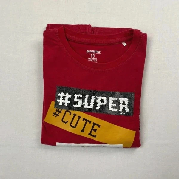 T-shirt manches longues garçon 10 ans rouge – motif à sequins, très bon état